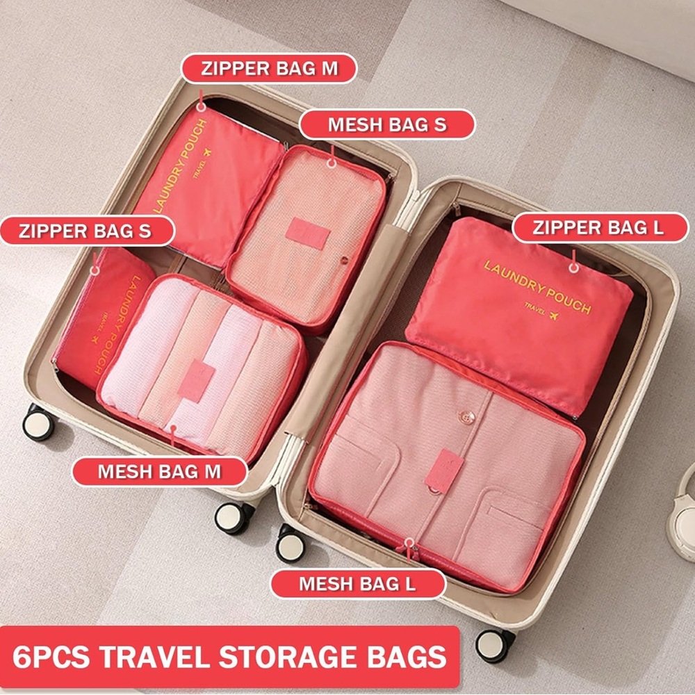 6pc Travel Organizer Pouch Set - Watermelon Pink - Picture 3 of 4